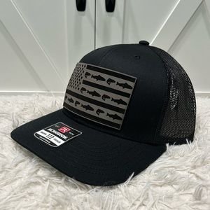 Laser engraved American flag fish. Richardson 112 trucker hat.